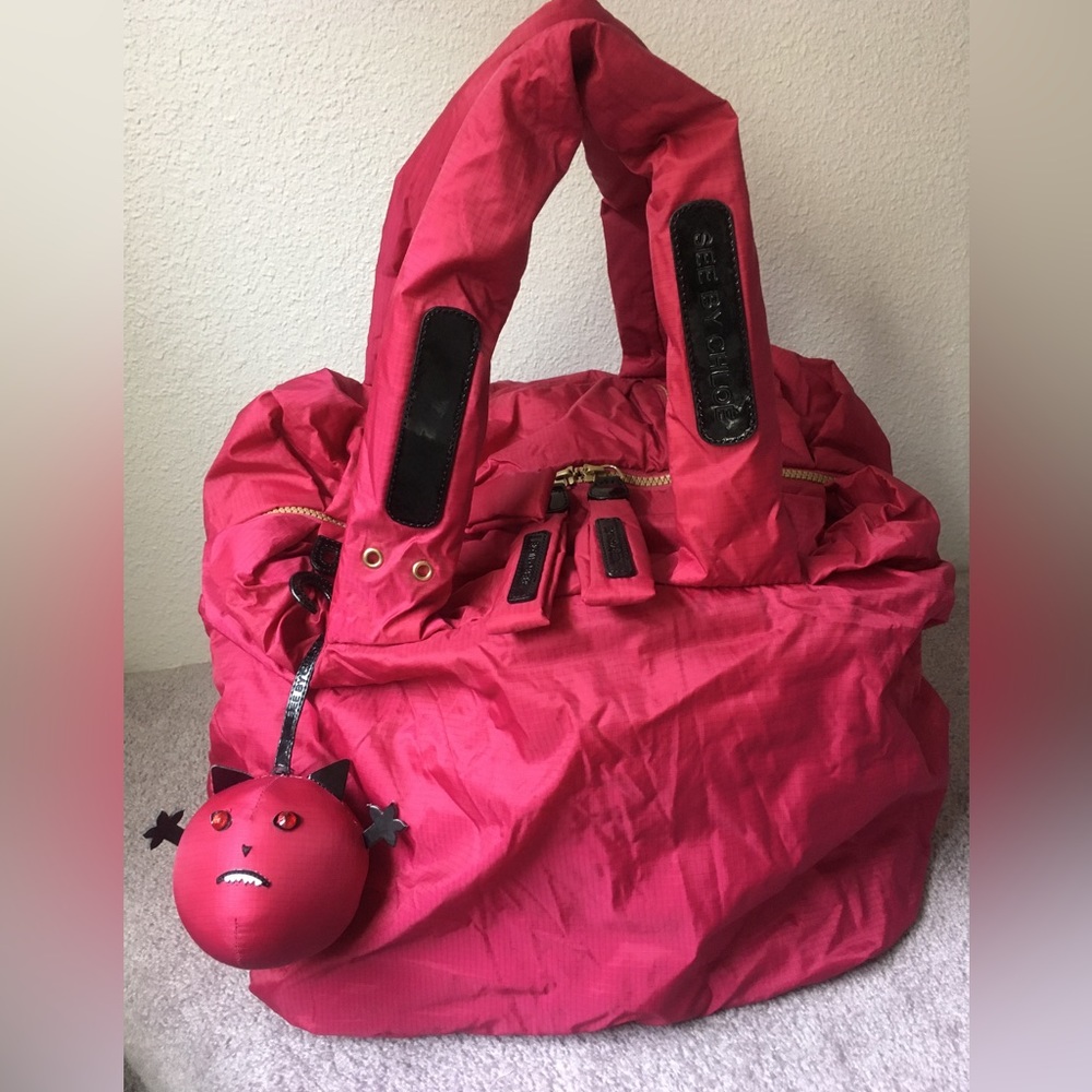 NEW See By Chloe Joyrider hot pink puffy nylon shoulder bag